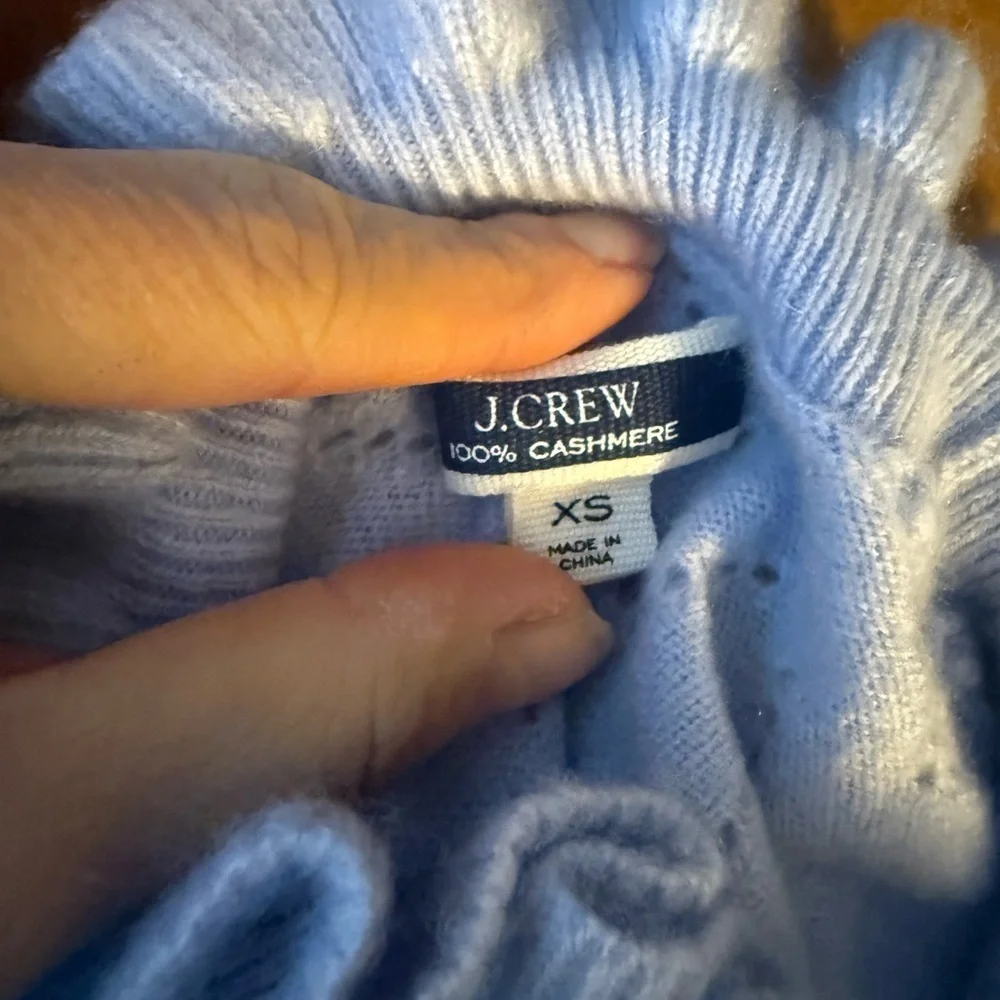 J.Crew Shale Blue Cashmere Pointelle Ruffle Mock Neck Sweater